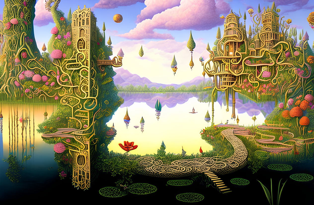 Fantastical Landscape with Golden Castles, Floating Islands, and Reflective Lake