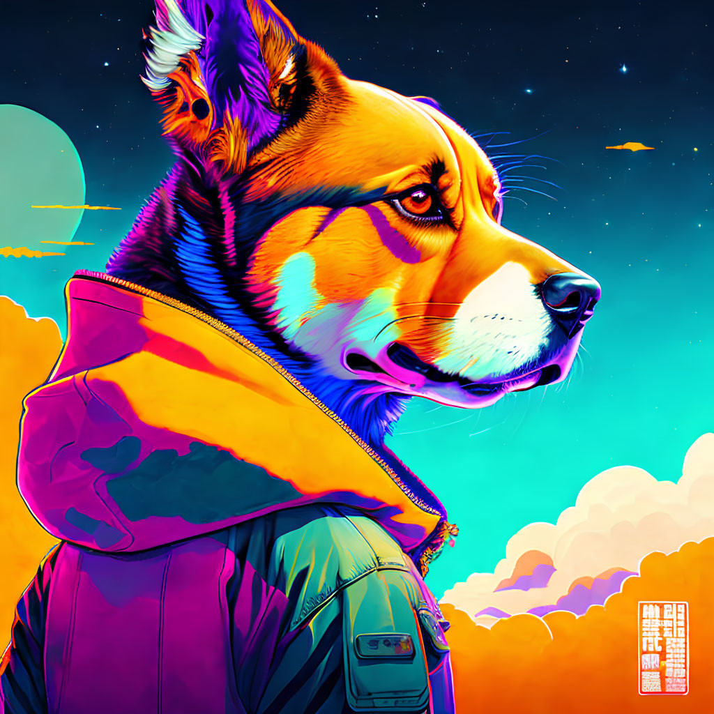 Vivid sunset sky backdrop with stylized dog in human clothing