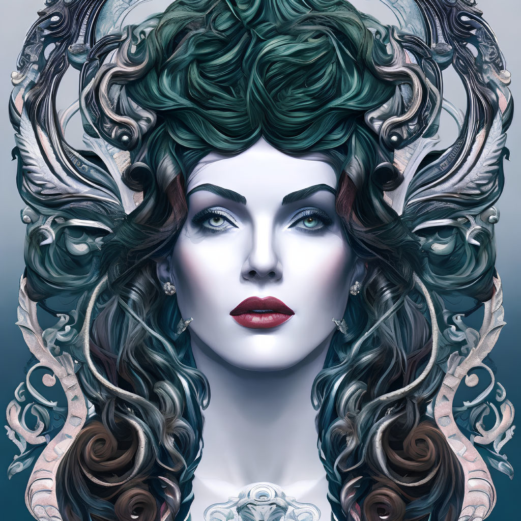 Symmetrical stylized woman with green wavy hair and ornate metallic adornments