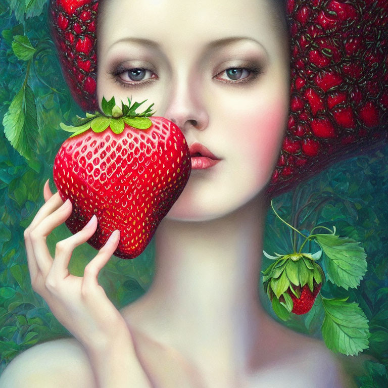 Surreal portrait of woman with strawberry-themed features in nature