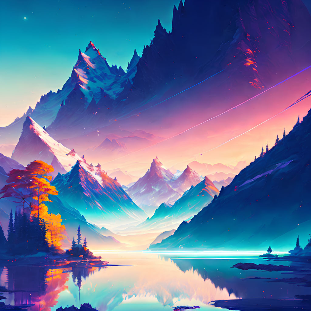 Serenity in mountain landscape with reflective lake and shooting stars