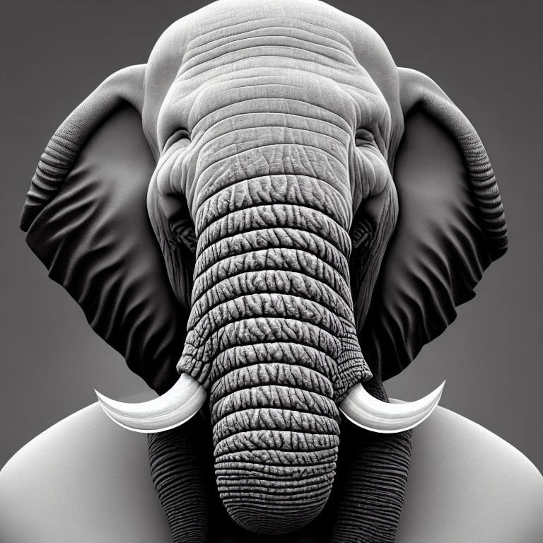 Symmetrical close-up of elephant face and tusks on grey background