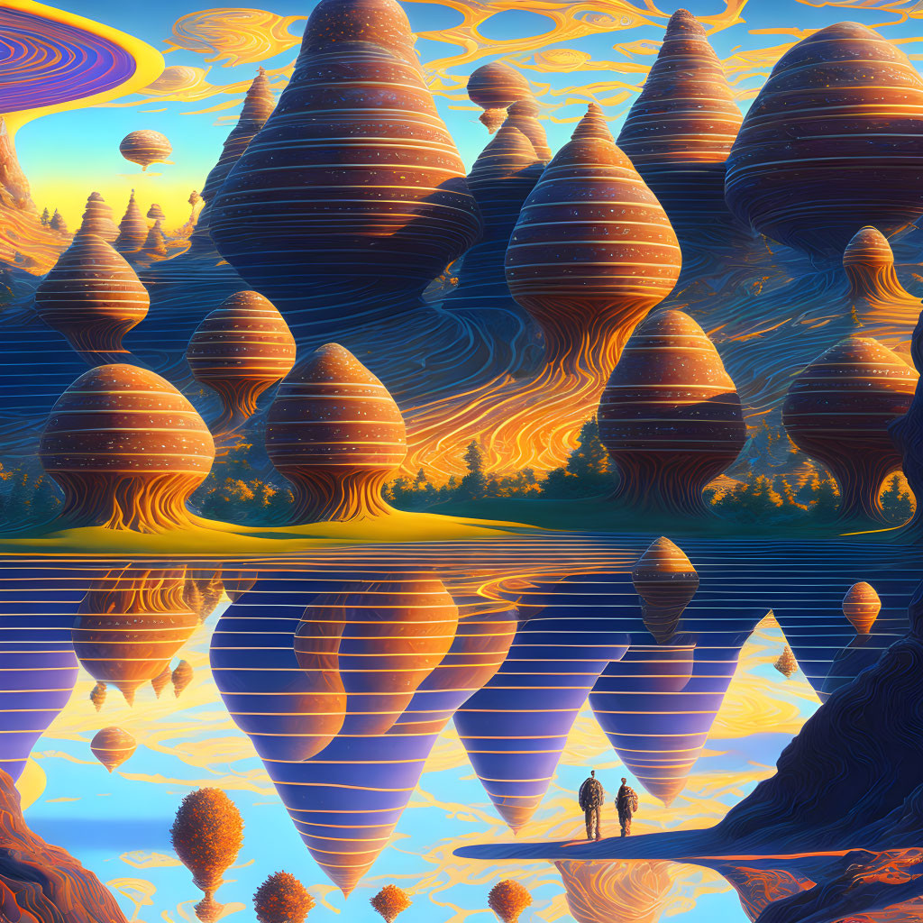Colorful alien landscape with rock formations, water, planets, and figure.