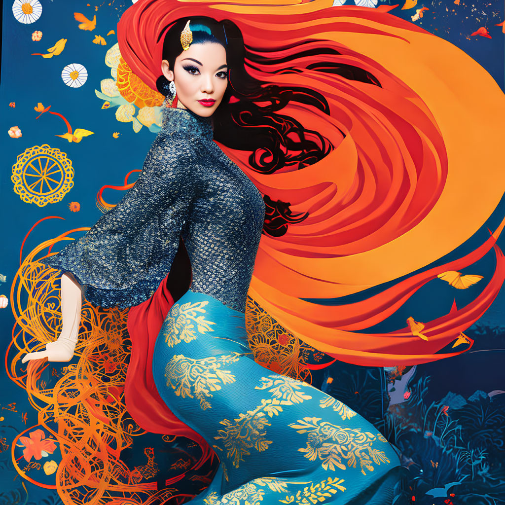 Vibrant illustration of woman with flowing red hair in traditional blue dress