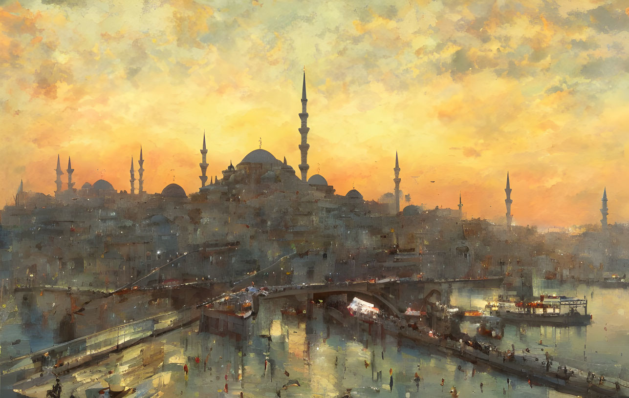 Historical cityscape painting: mosques, minarets, bridge, sunset sky.