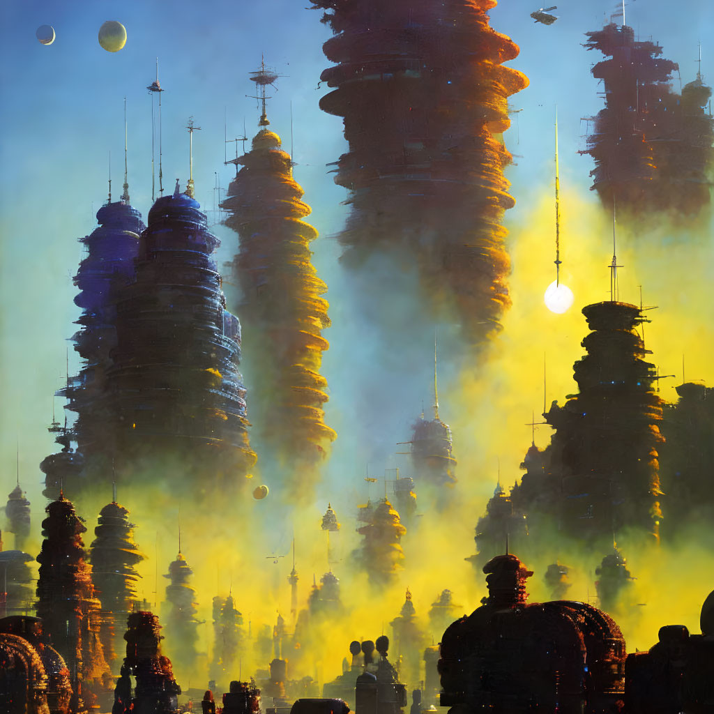 Mist-shrouded skyscrapers and floating orbs in futuristic cityscape