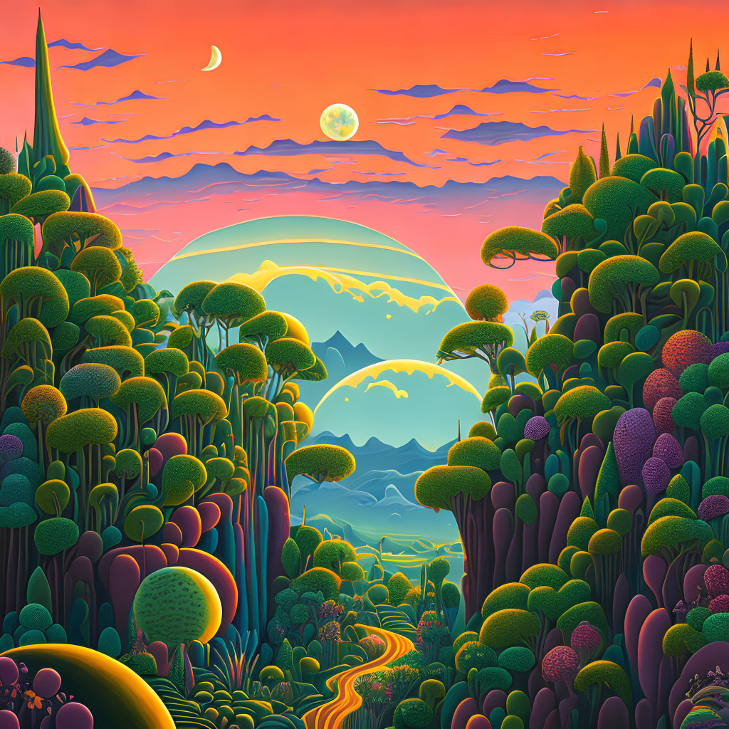 Colorful stylized landscape with round-topped trees, winding path, mountains, and crescent moon