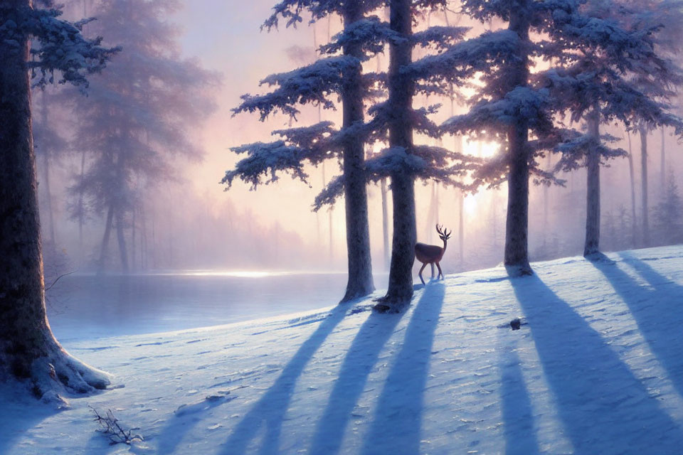 Winter forest scene with deer, long shadows, and pink sunrise