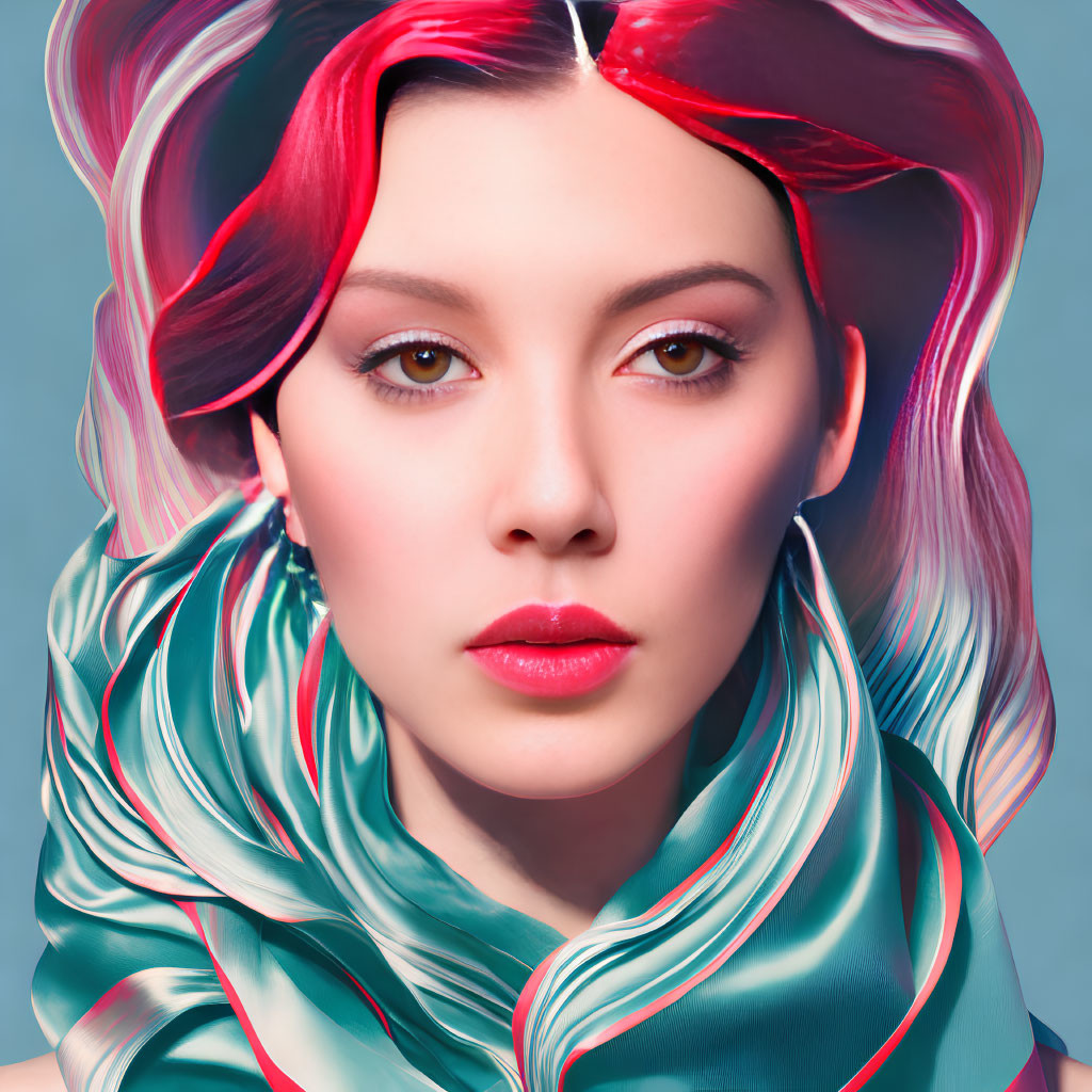 Vibrant digital portrait of woman with red and pink hair and teal scarf