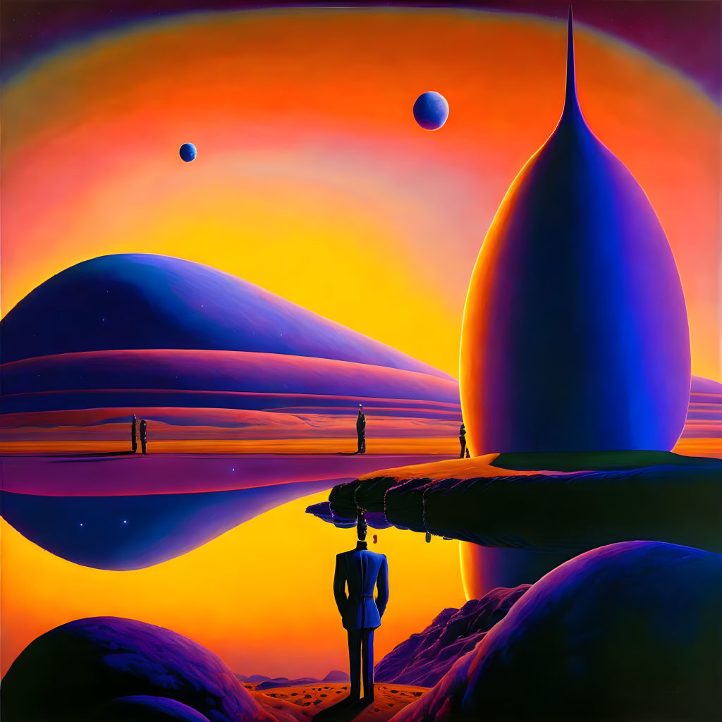 Futuristic landscape with large planets, spire, and silhouetted figures