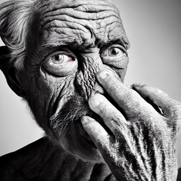 Portrait of elderly person with deep wrinkles and intense gaze.