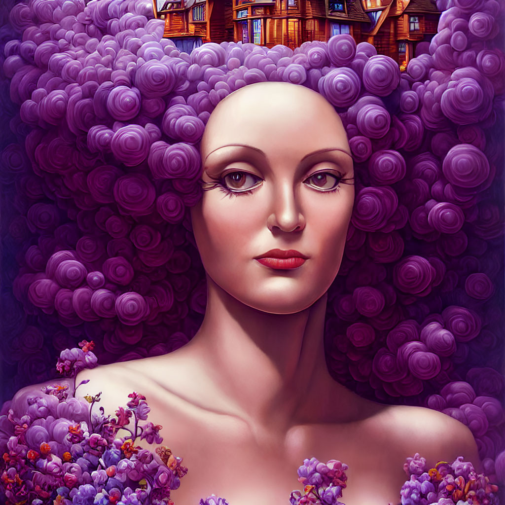 Illustrated portrait of woman with elaborate purple rose hair and lilac flower shoulder against rose backdrop