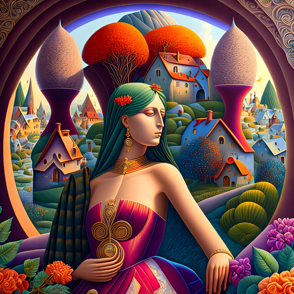 Colorful painting of woman with green headband in whimsical setting