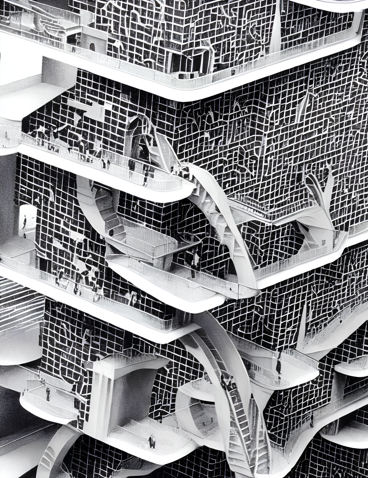 Monochrome photo of futuristic structure with intricate patterns and people