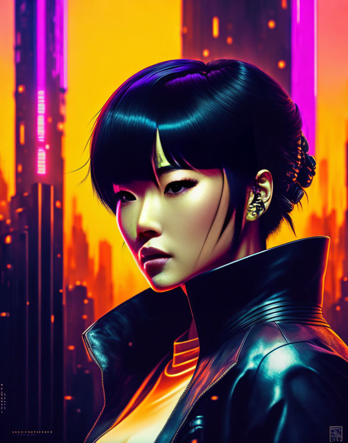 Digital portrait of woman with black hair in leather jacket against neon-lit cityscape