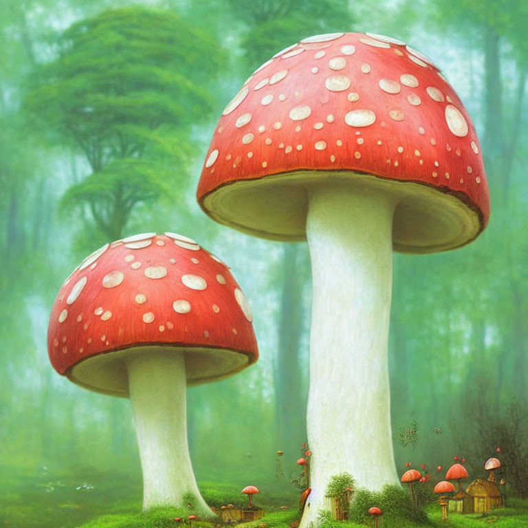 Mystical green forest with giant red mushrooms