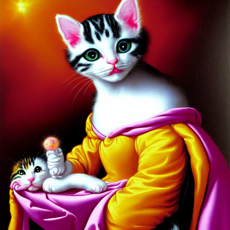 Surreal artwork featuring two anthropomorphic cats in robes