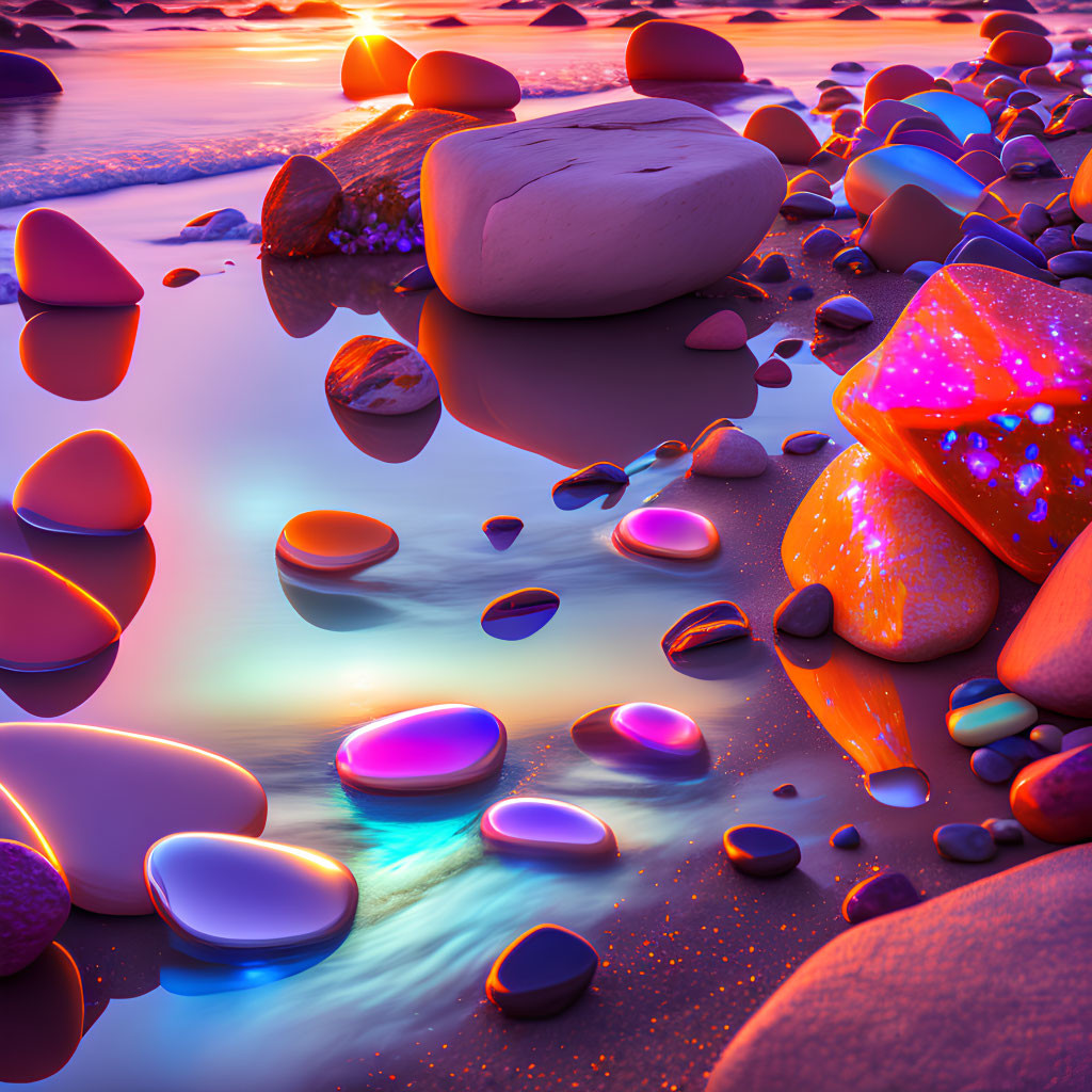 Vibrant glowing rocks on beach at sunset with reflective water