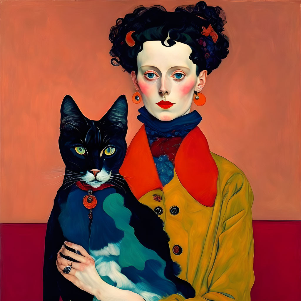 Stylized portrait of woman with dark hair and pale skin, holding black and white cat.