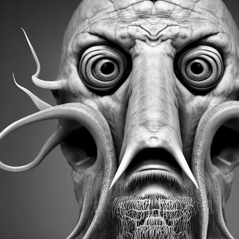 Imaginative creature with bulging eyes, tusks, and textured skin