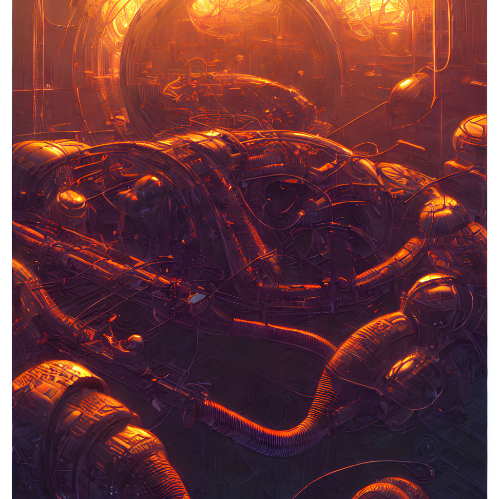 Futuristic machinery environment with intricate pipes and spherical structures in orange and red hues