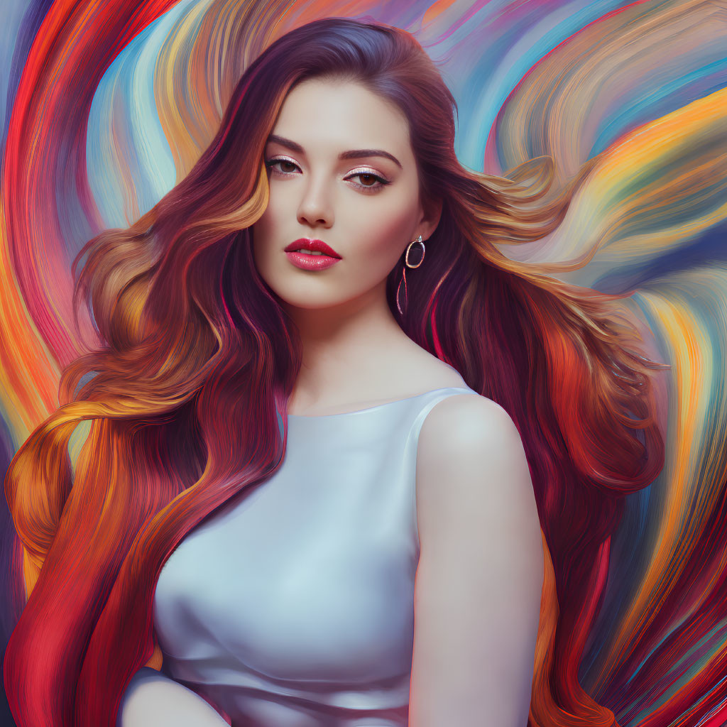 Woman with flowing hair on vibrant, colorful background in simple dress.