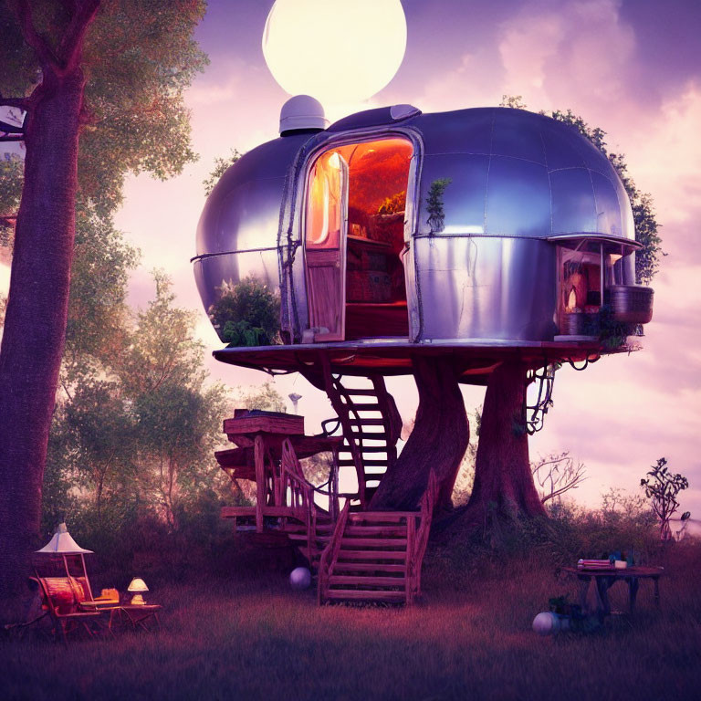 Vintage Airstream Trailer Treehouse in Twilight Nature Setting