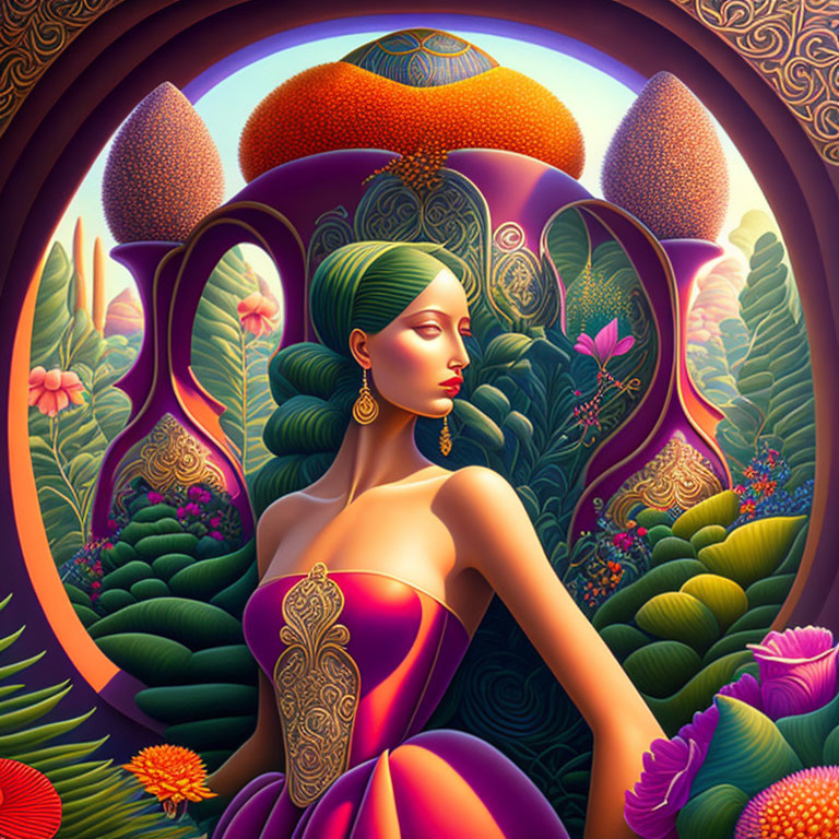 Stylized artwork of woman in vibrant landscape with decorative plants and patterned hills