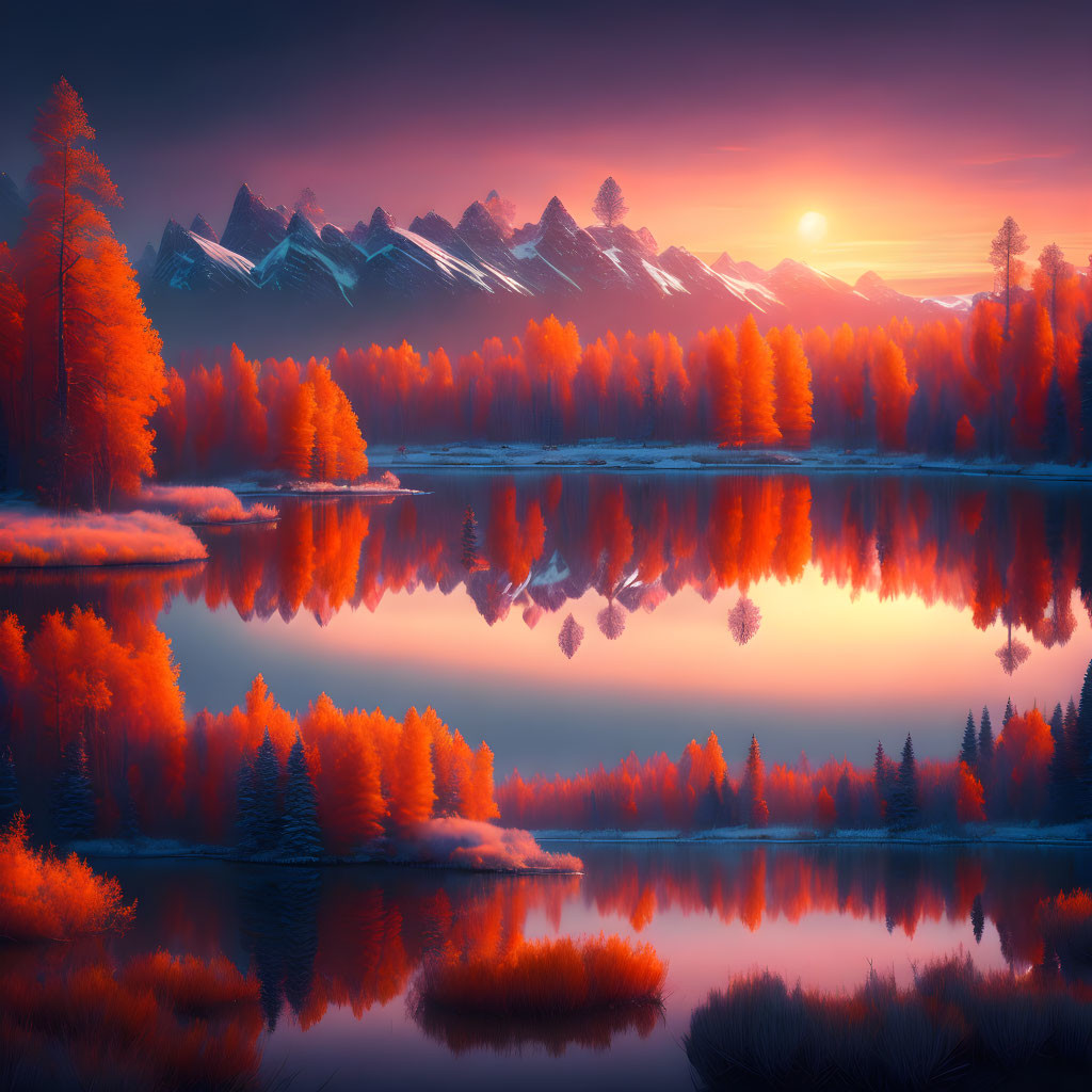 Autumnal forest and snow-capped mountains reflected in serene lake at sunset