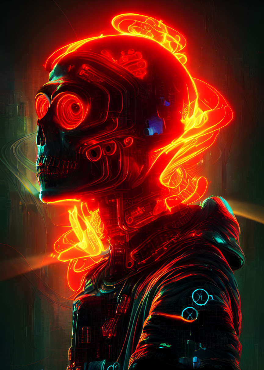 Vibrant neon-lit cyborg art with red outlines on dark backdrop