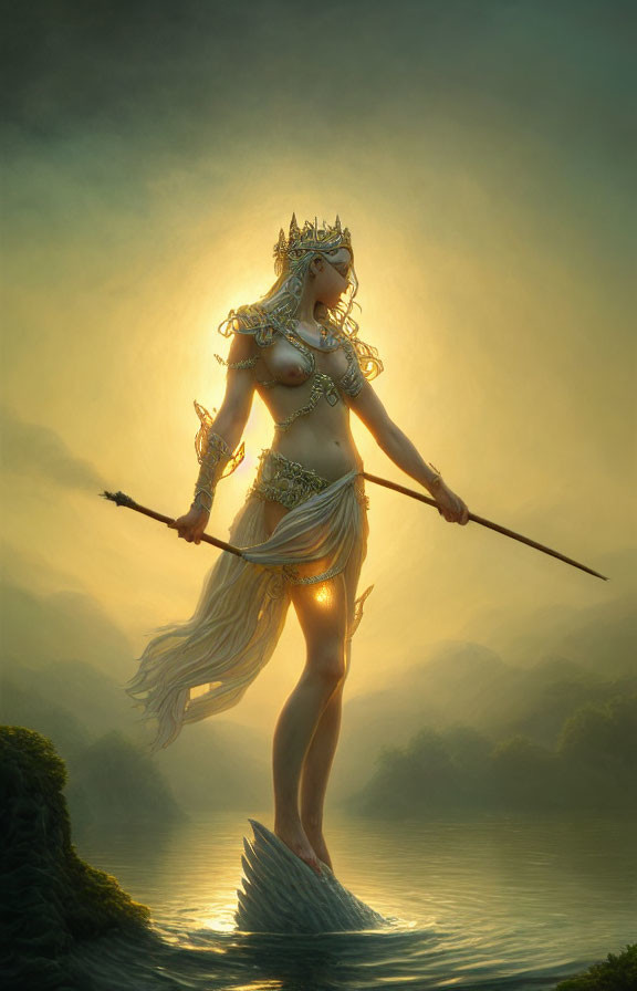 Mystical female figure with crown and spear in foggy river