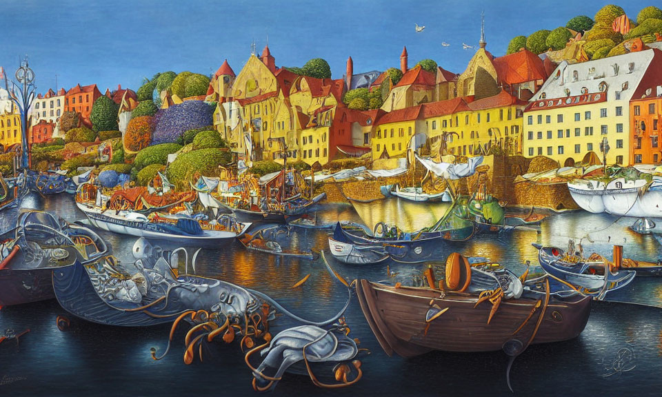 Colorful European-style town by a river with fantastical boats and oversized fish under clear sky