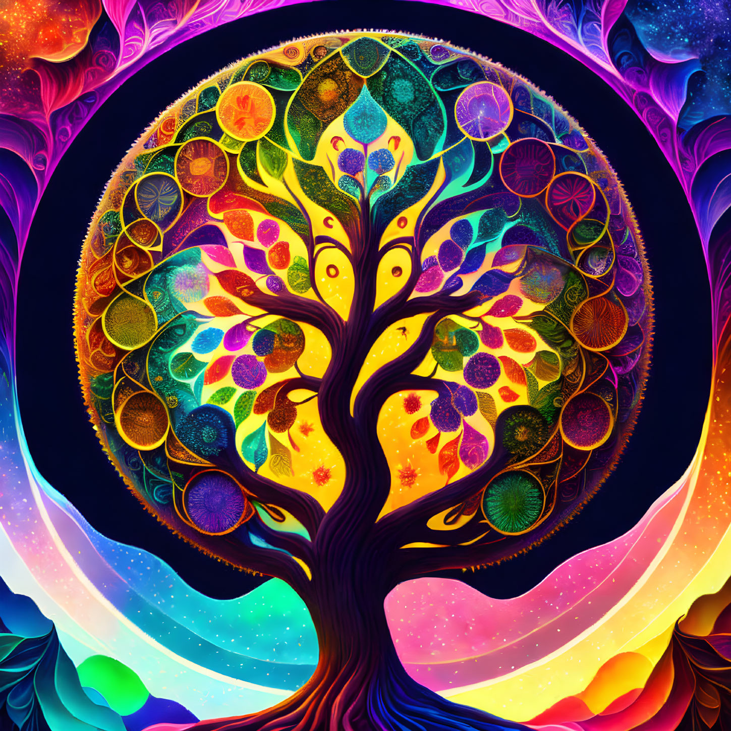 Colorful Psychedelic Tree with Celestial Motifs on Dark Background