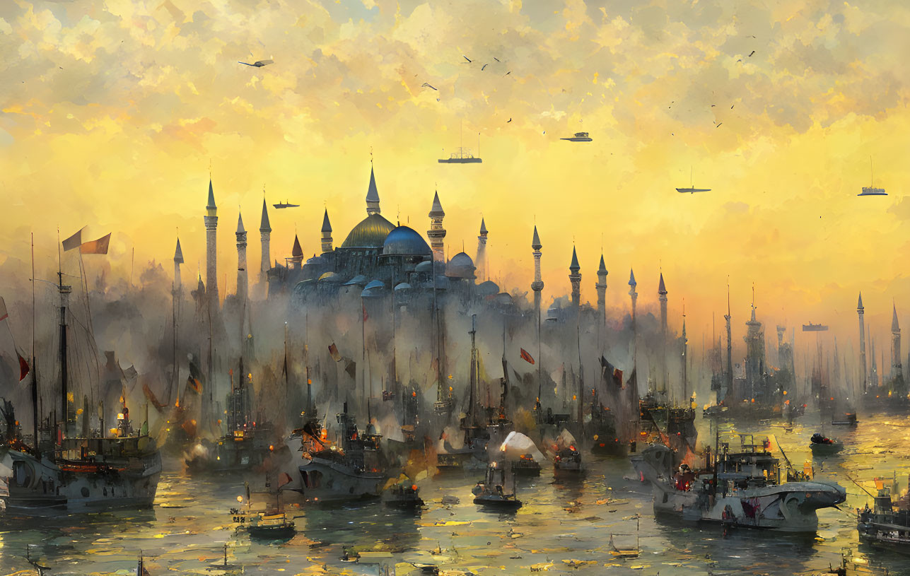 Golden-hued historical harbor with boats, spires, and airships under a sunset sky.