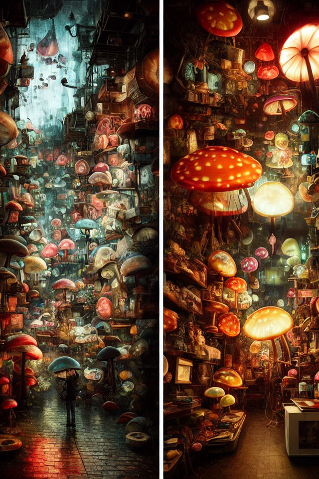 Colorful Glowing Mushrooms in Whimsical Alley with Figure Holding Umbrella