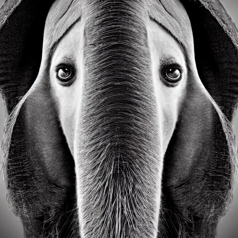 Detailed Monochrome Elephant Portrait with Trunk, Eyes, and Ears