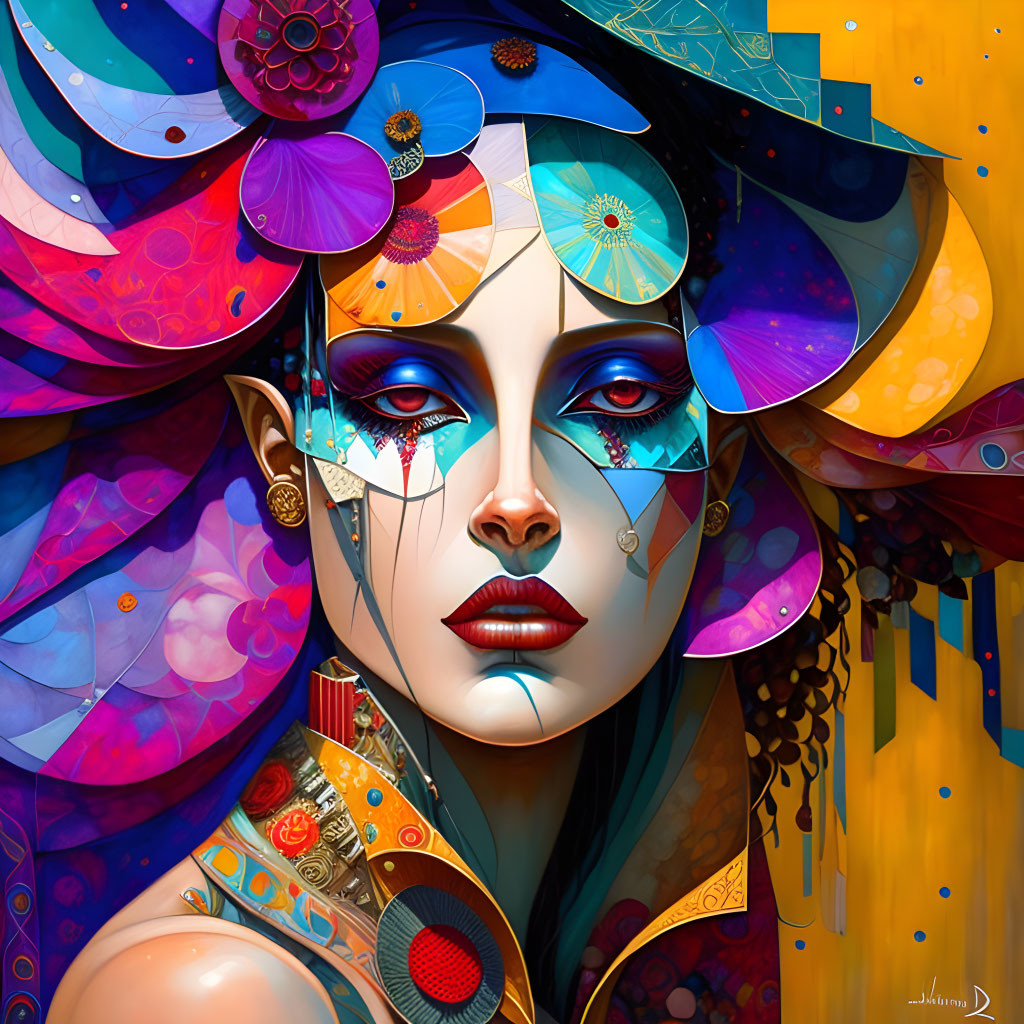 Colorful Geometric and Floral Patterns on Digital Portrait