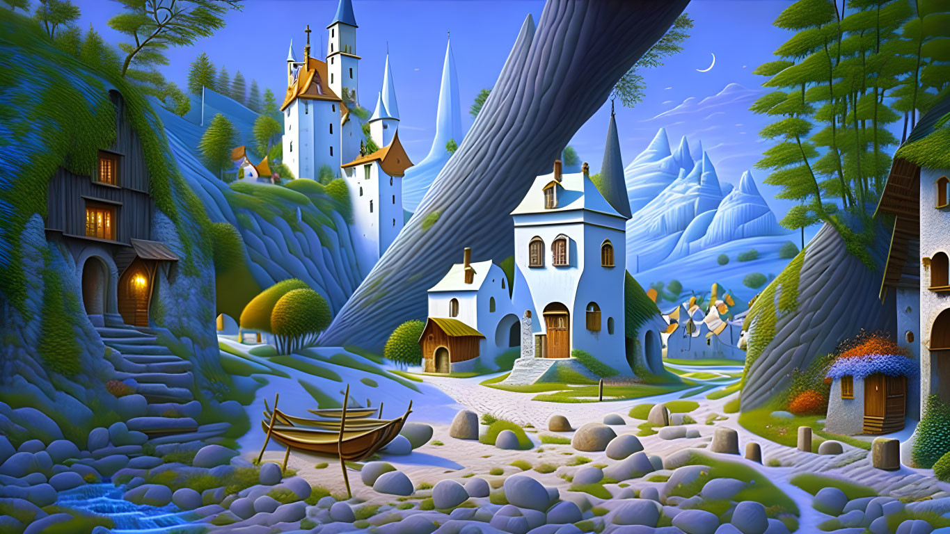 Whimsical digital art: fairy tale landscape with castle, cottages, trees, boat, stream