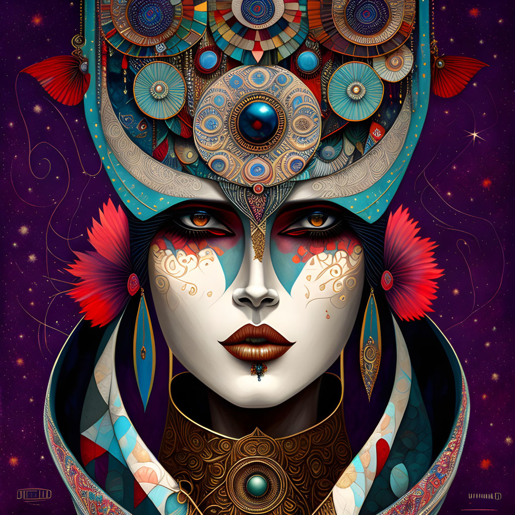 Symmetrical digital artwork featuring woman with elaborate headdress and cosmic background