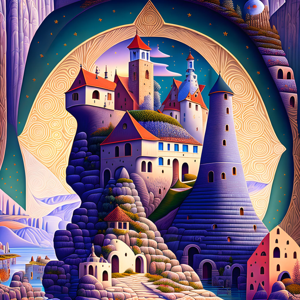 Colorful Fantasy Landscape with Curved Castles and Starry Sky