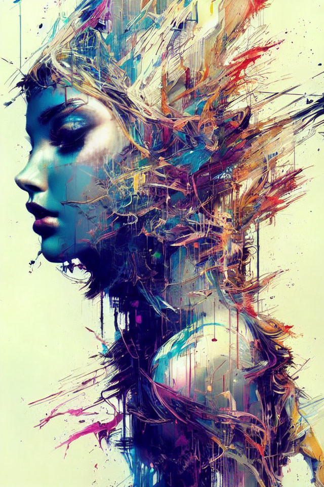 Abstract female profile with colorful streaks on painterly background