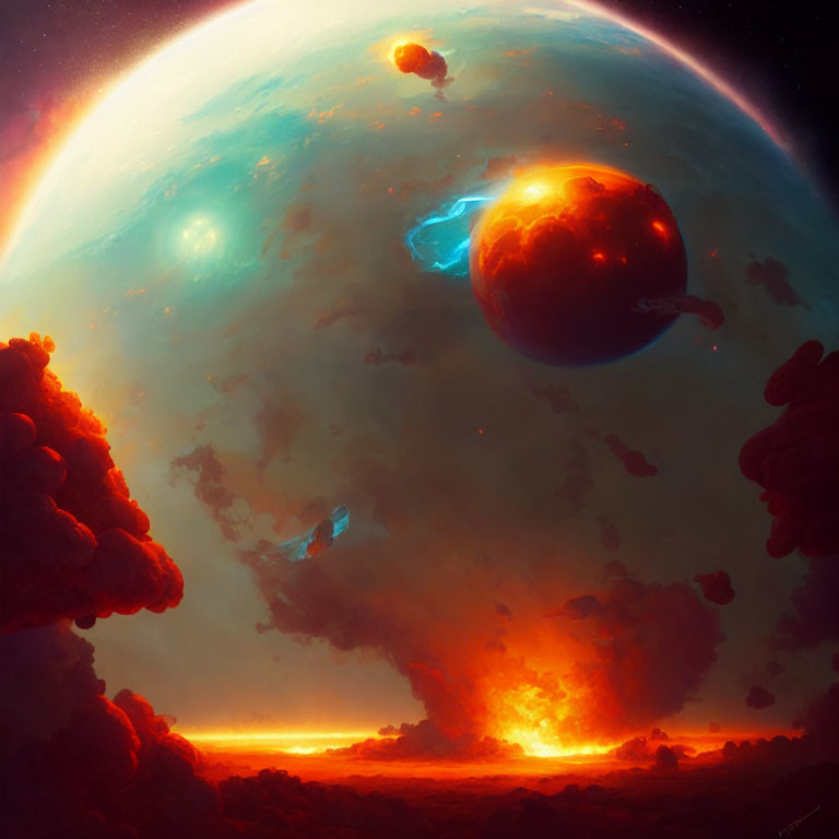 Colorful sci-fi scene with celestial body, fiery clouds, glowing horizon, planets, and space.