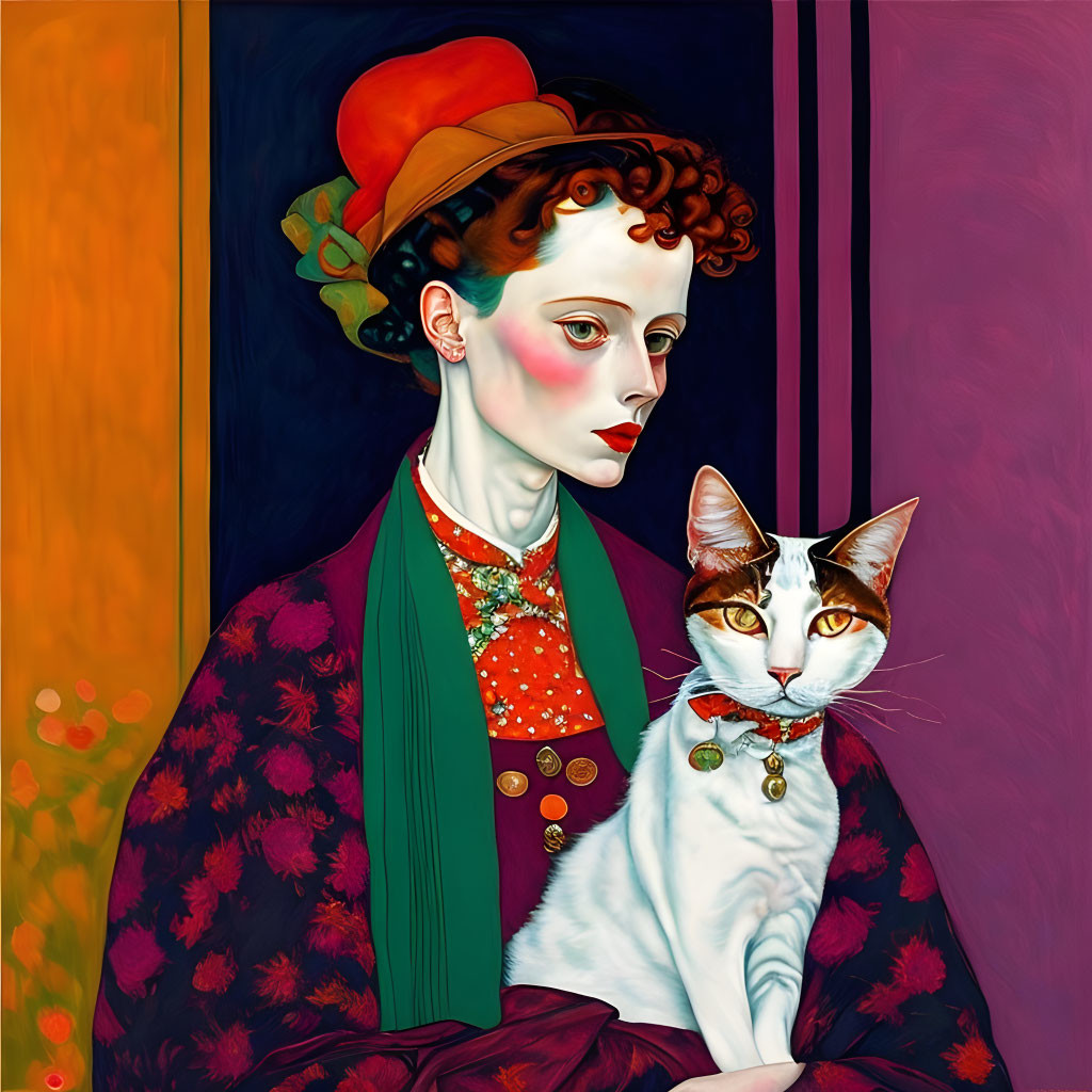 Stylized painting of woman with red hat and cat against colorful backdrop