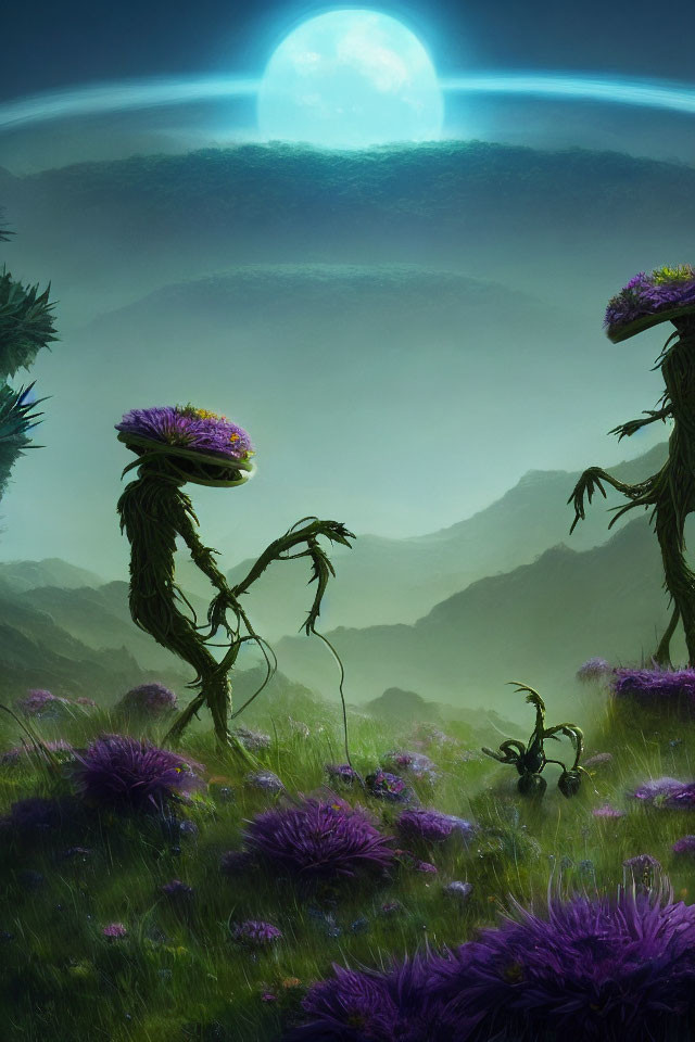 Mystical creatures in purple flora under a green moon
