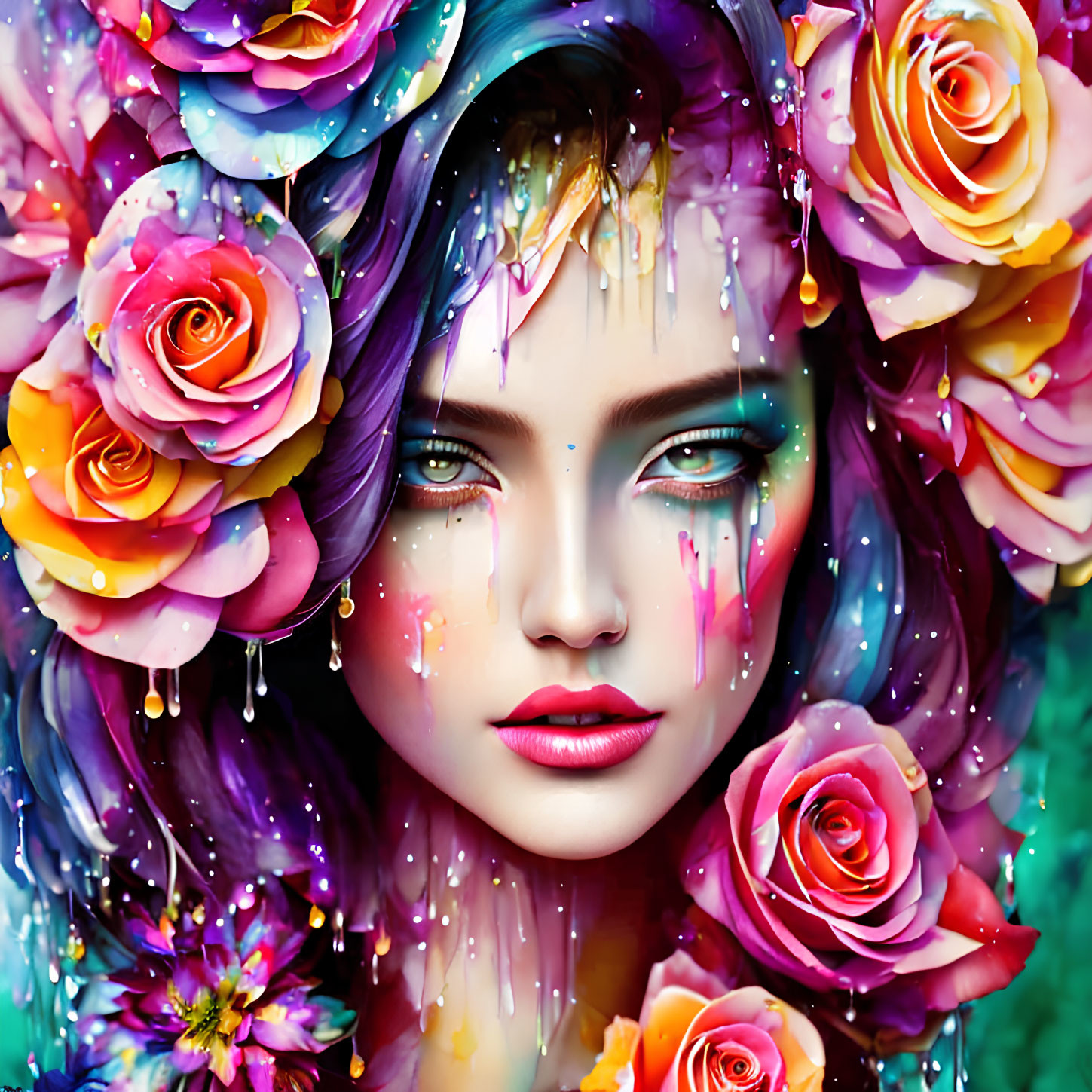 Colorful artwork: Woman with flower crown, roses, and paint drips on teal background