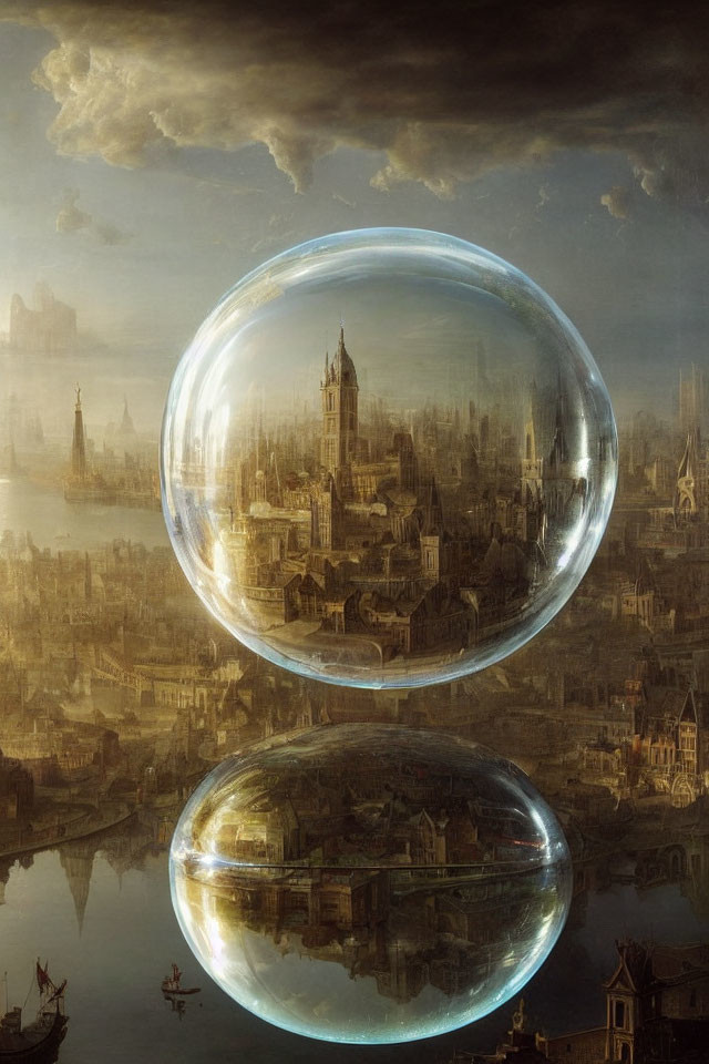 Historical buildings in tranquil cityscape mirrored in golden bubbles