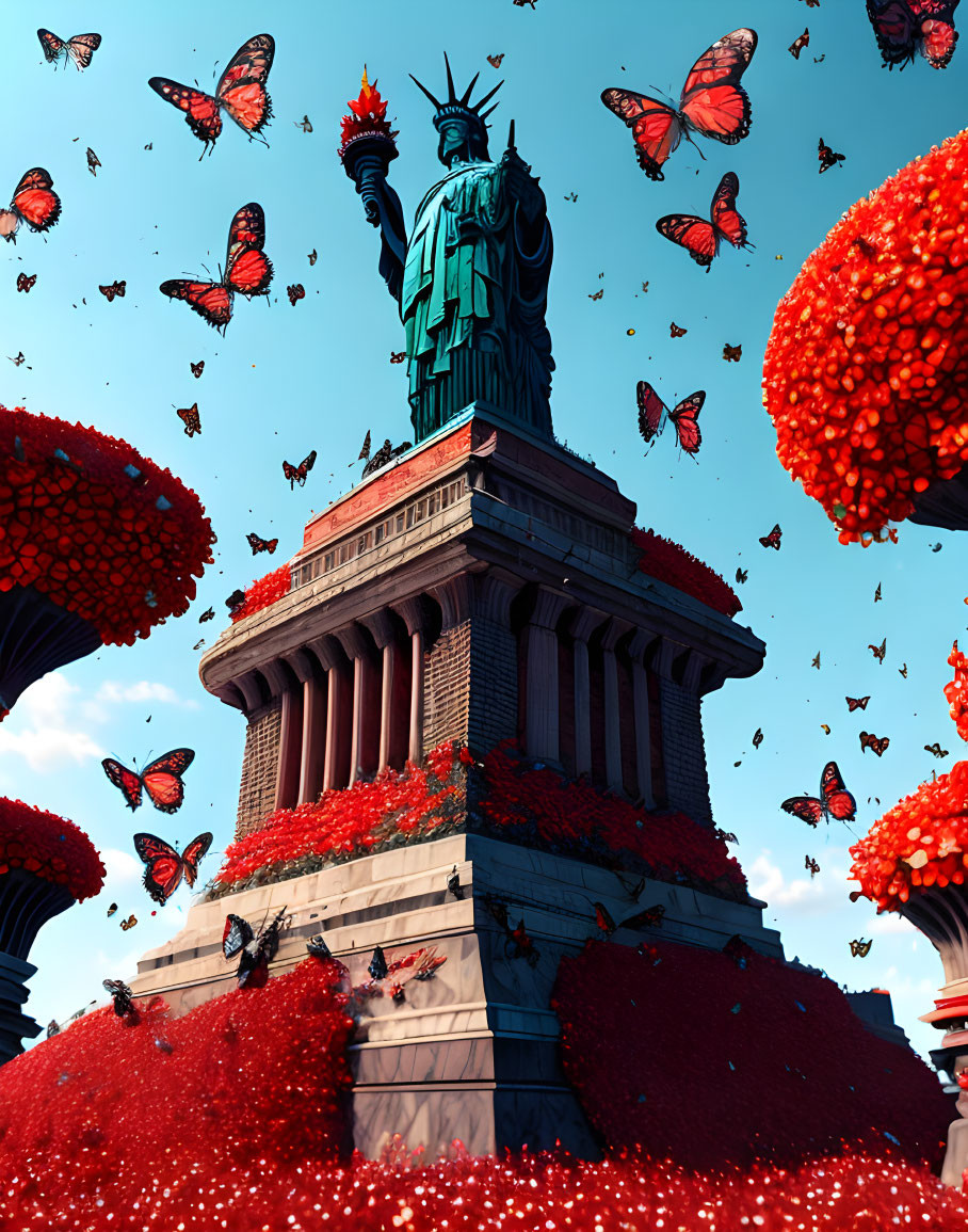 Statue of Liberty surrounded by red trees and butterflies on a blue sky