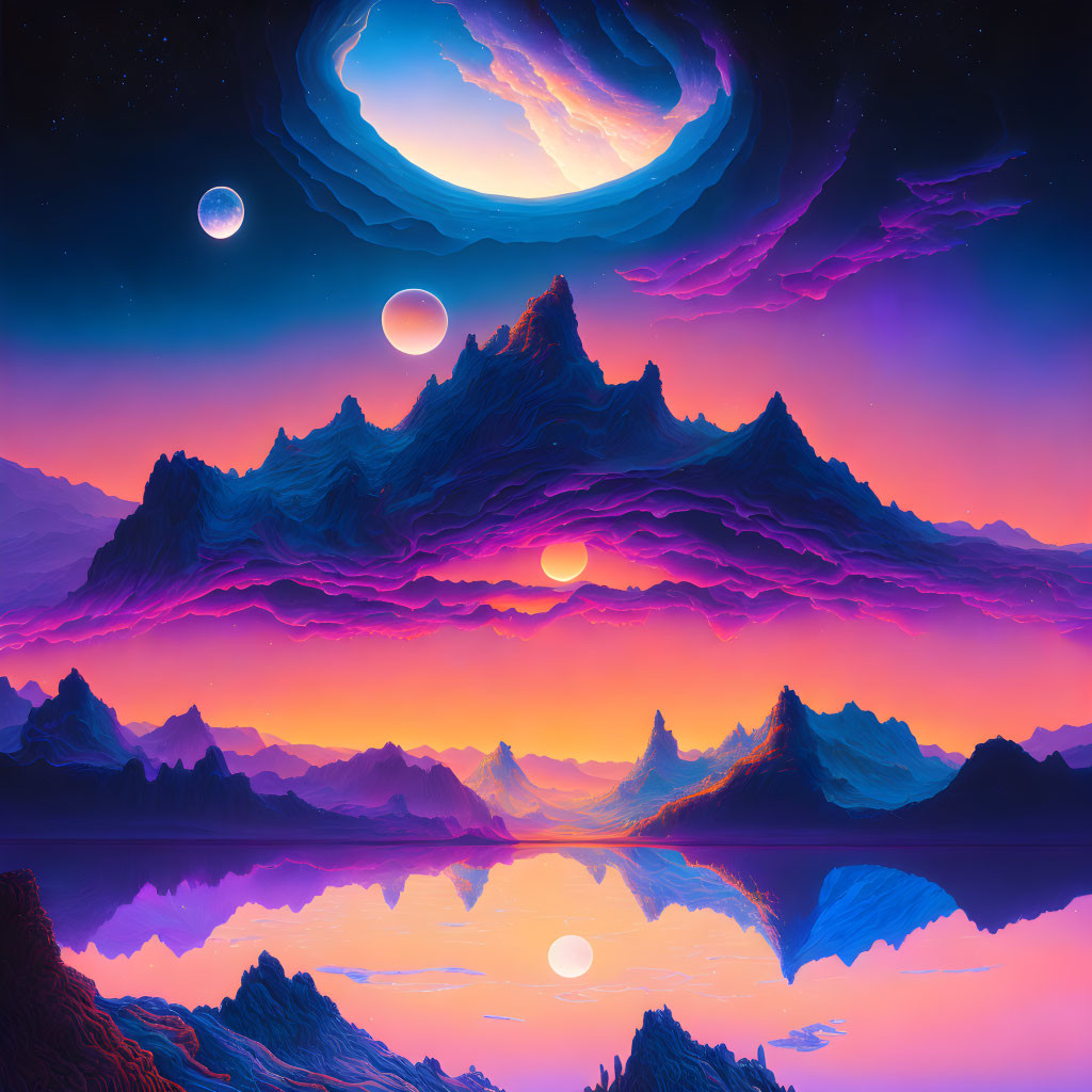 Surreal landscape with purple and pink hues, towering mountains, swirling galaxy, moons, and tranquil