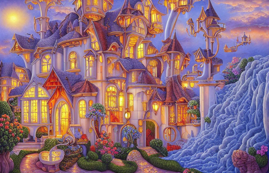 Whimsical glowing castle in lush garden landscape at twilight