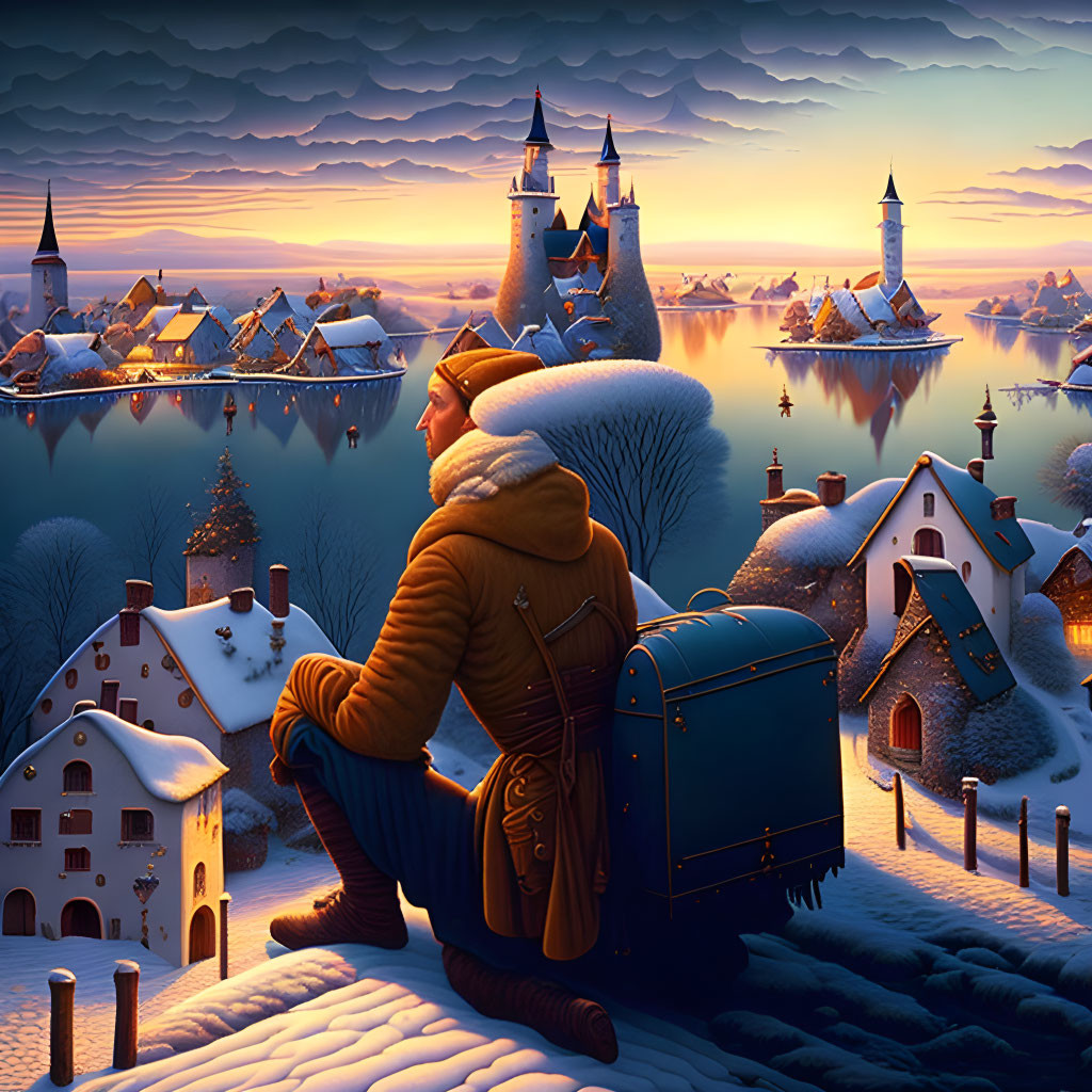 Person in warm attire gazes at serene snow-covered village and castle under twilight sky